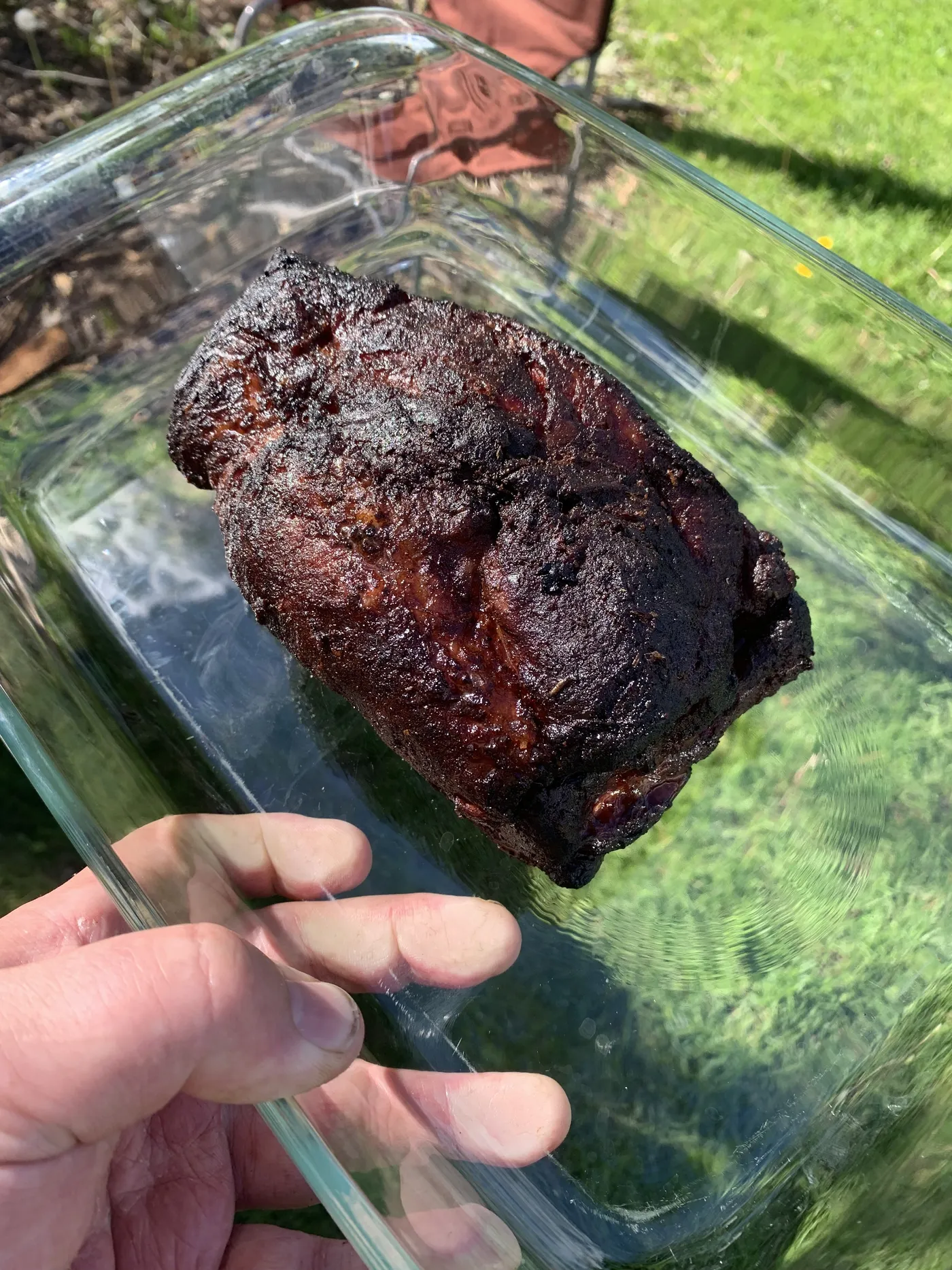 One half of the pork butt with a near-black bark, held up in a glass baking dish